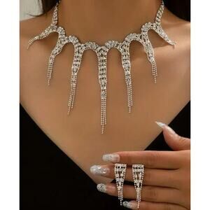 Jewelry Set Necklace & Earring Set  Women Silver Plated Rhinestone 2-Piece Set